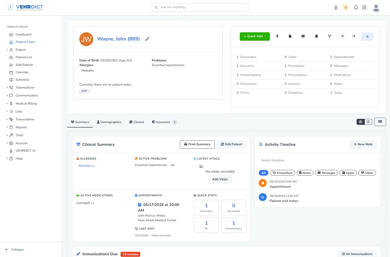 VEHRDICT patient dashboard showing medications and prescriptions