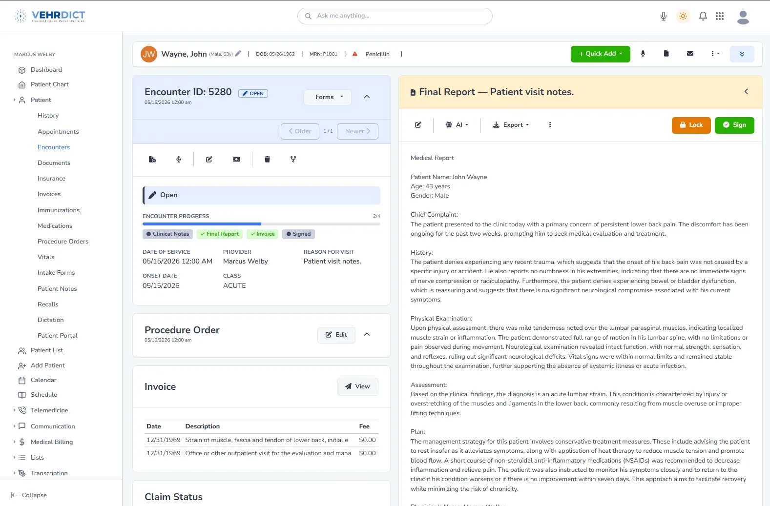 VEHRDICT patient encounter screen with a generated clinical note