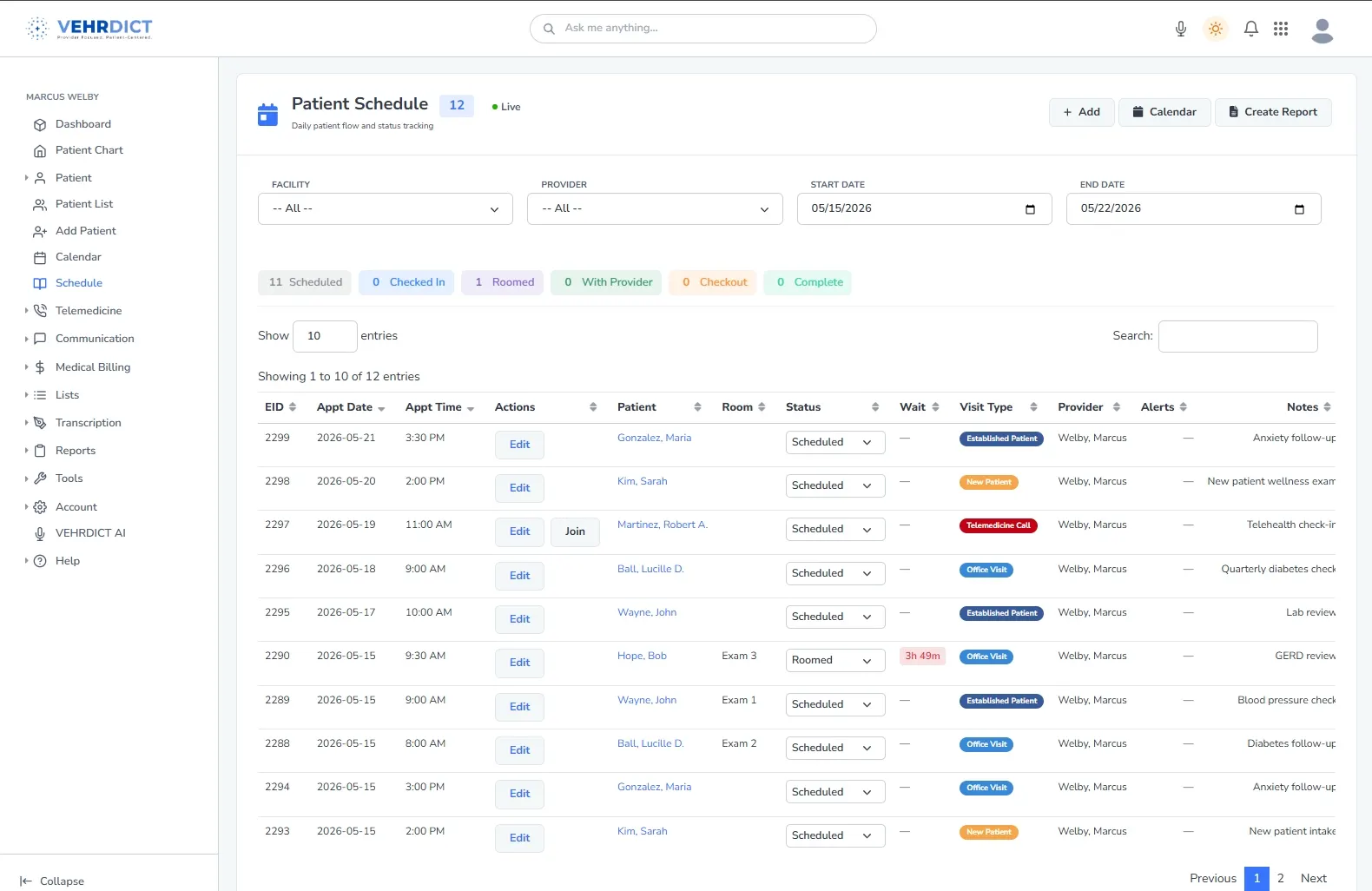 VEHRDICT patient schedule and calendar view