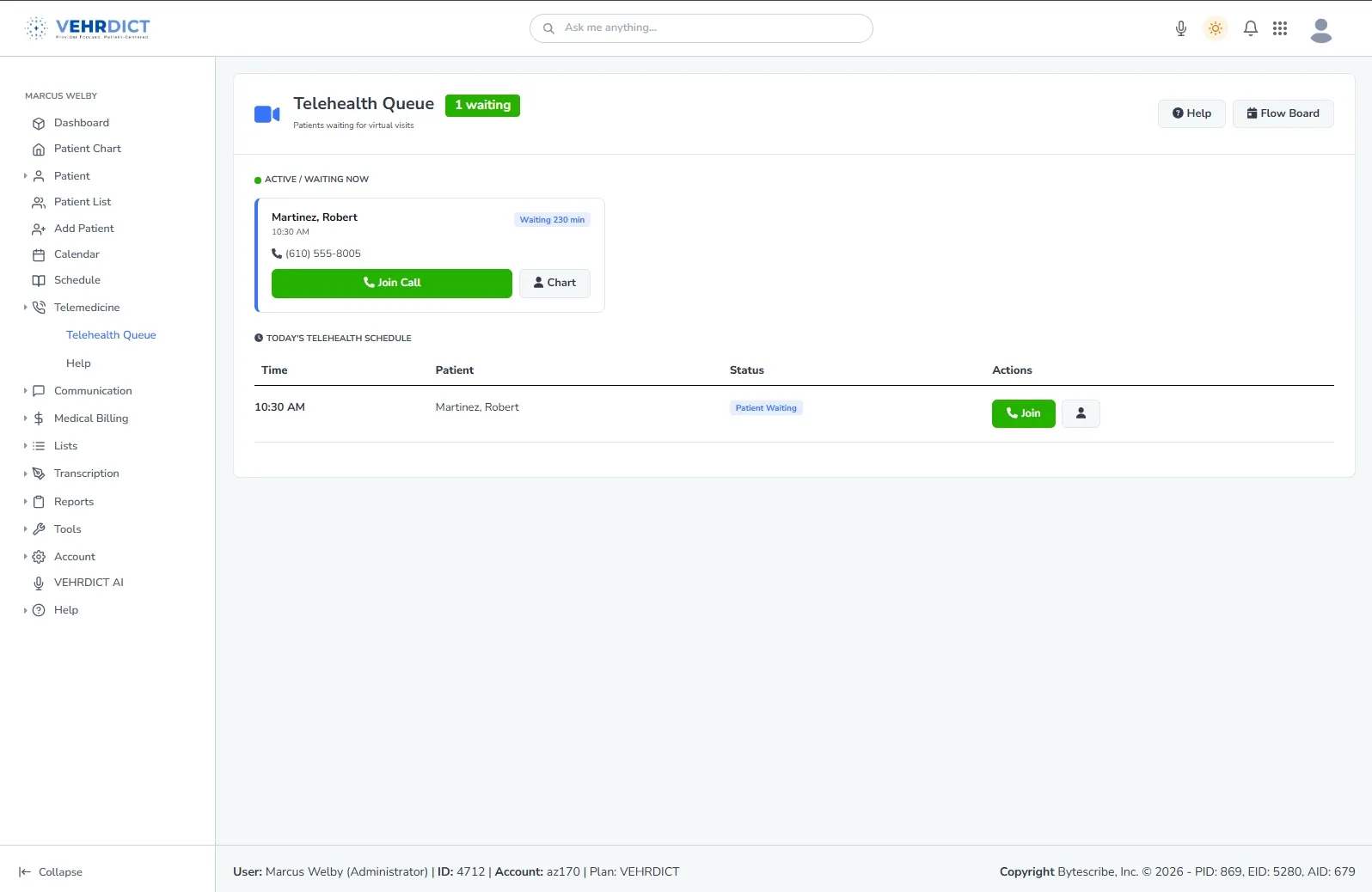 VEHRDICT telehealth queue with patients waiting in the virtual lobby
