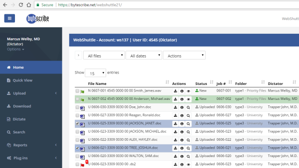 WebShuttle Home Page – View dictation and transcription files at a glance.