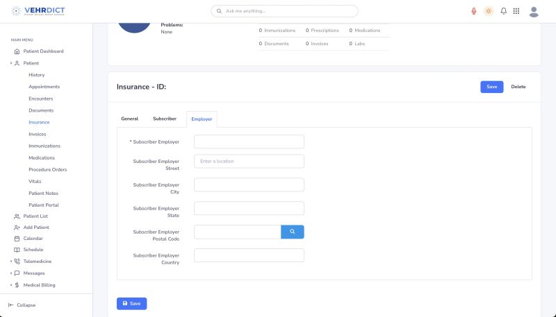Employer Tab – Add employer-related insurance details.