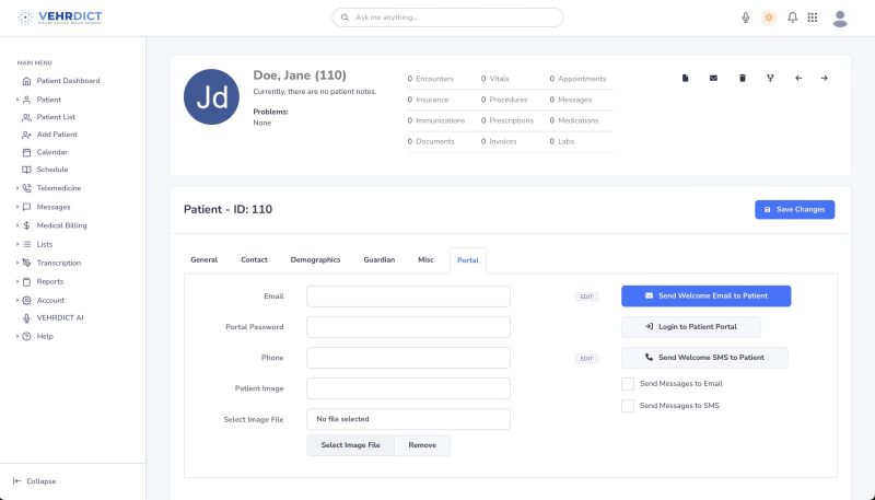 Patient Portal Tab – Manage access credentials and welcome messages.