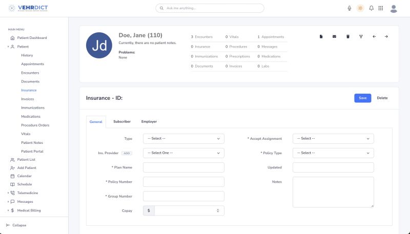 General Tab – Select and configure the insurance provider.
