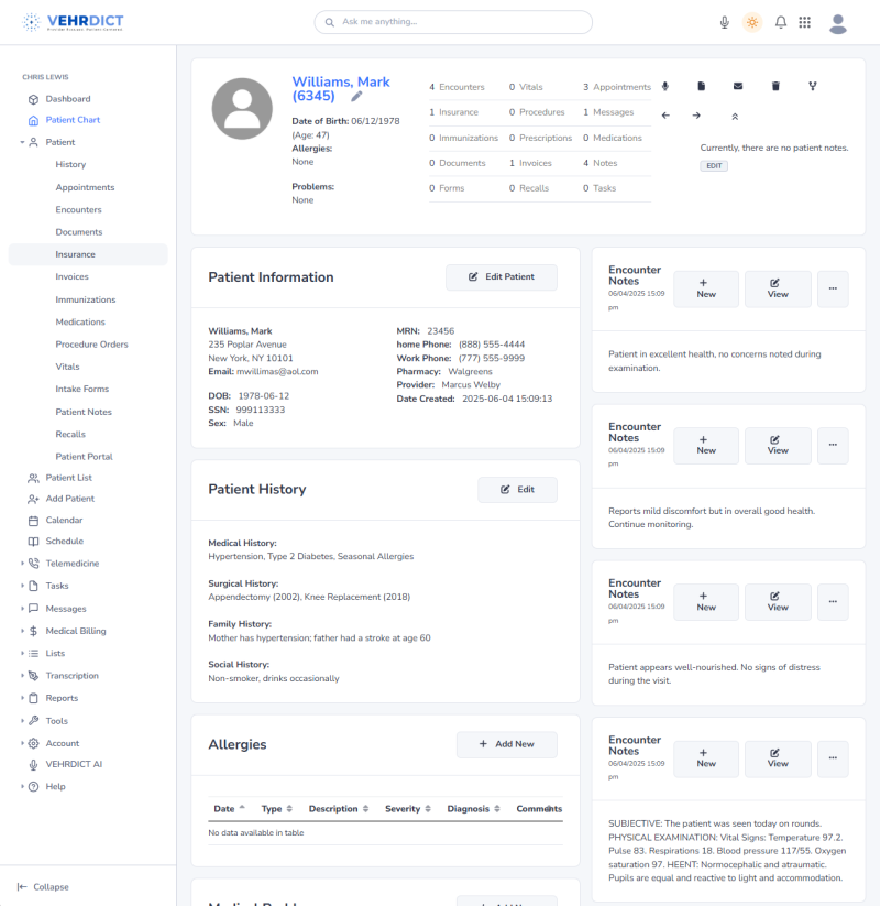 Patient Chart Overview – Access vital stats, contact info, encounters, allergies, and historical data.