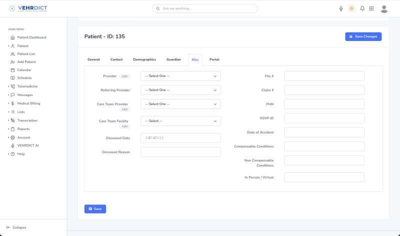 Misc Tab – Upload photo, assign provider, or record status changes.