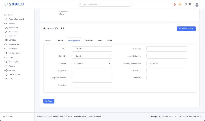 Demographics Tab – Required for care personalization and reporting.